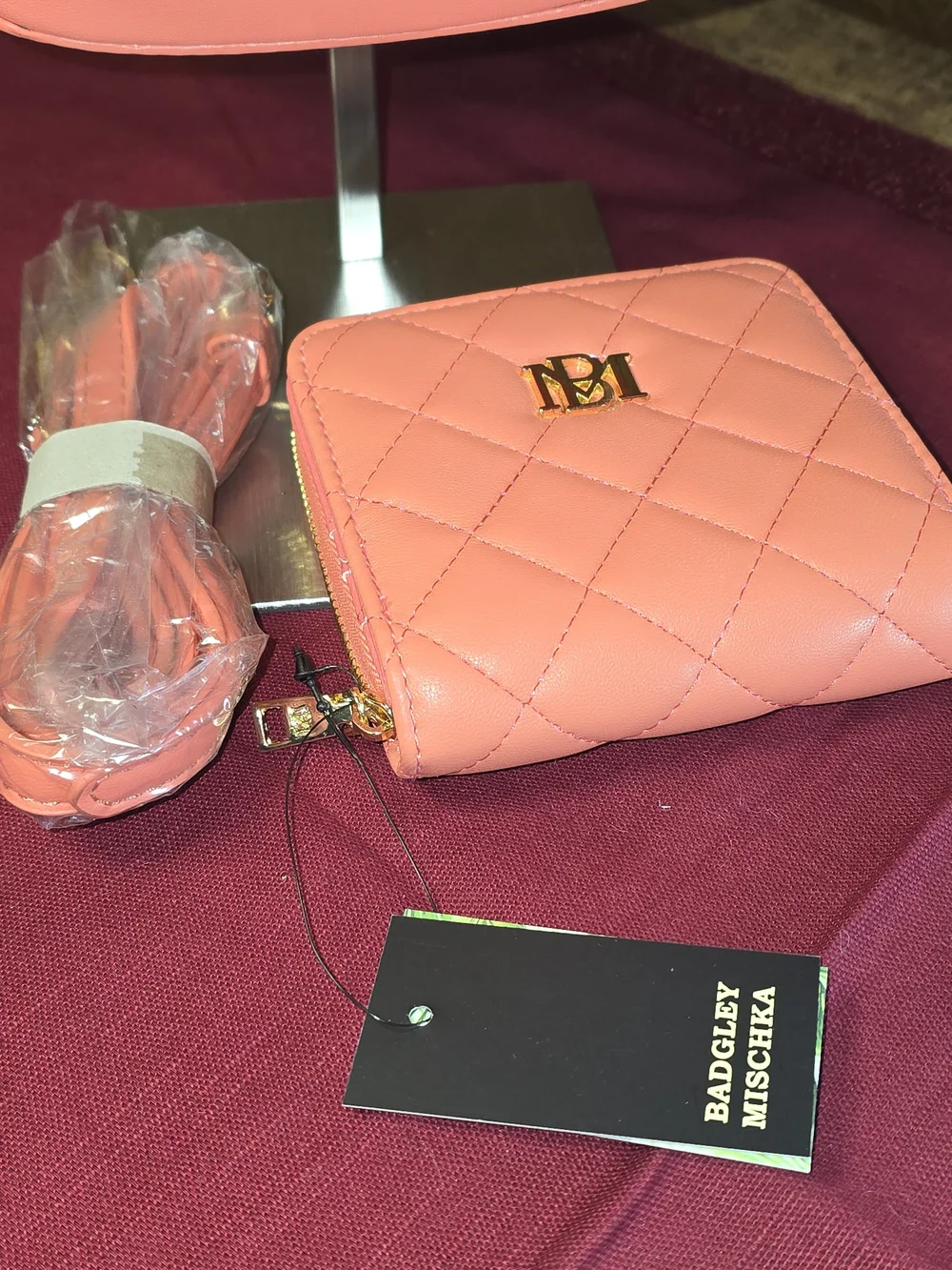 Badgley Mischka Coral Diamond-Quilted Crossbody Flap Bag/Wallet Set